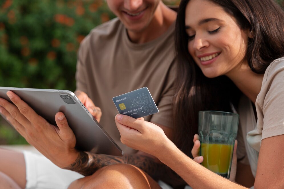 Couple shopping online with tablet and credit card
